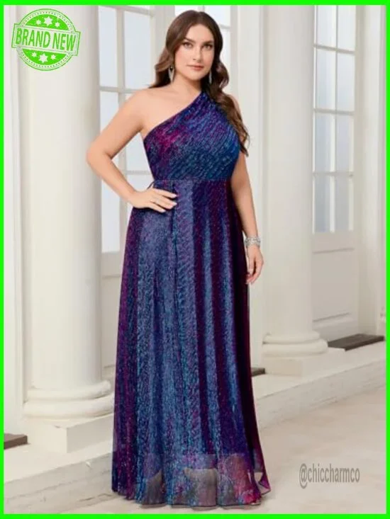 Plus Size Formal One Shoulder Maxi Dress Sparkly Sleeveless A-Line Prom Gown - Picture 4 of 7